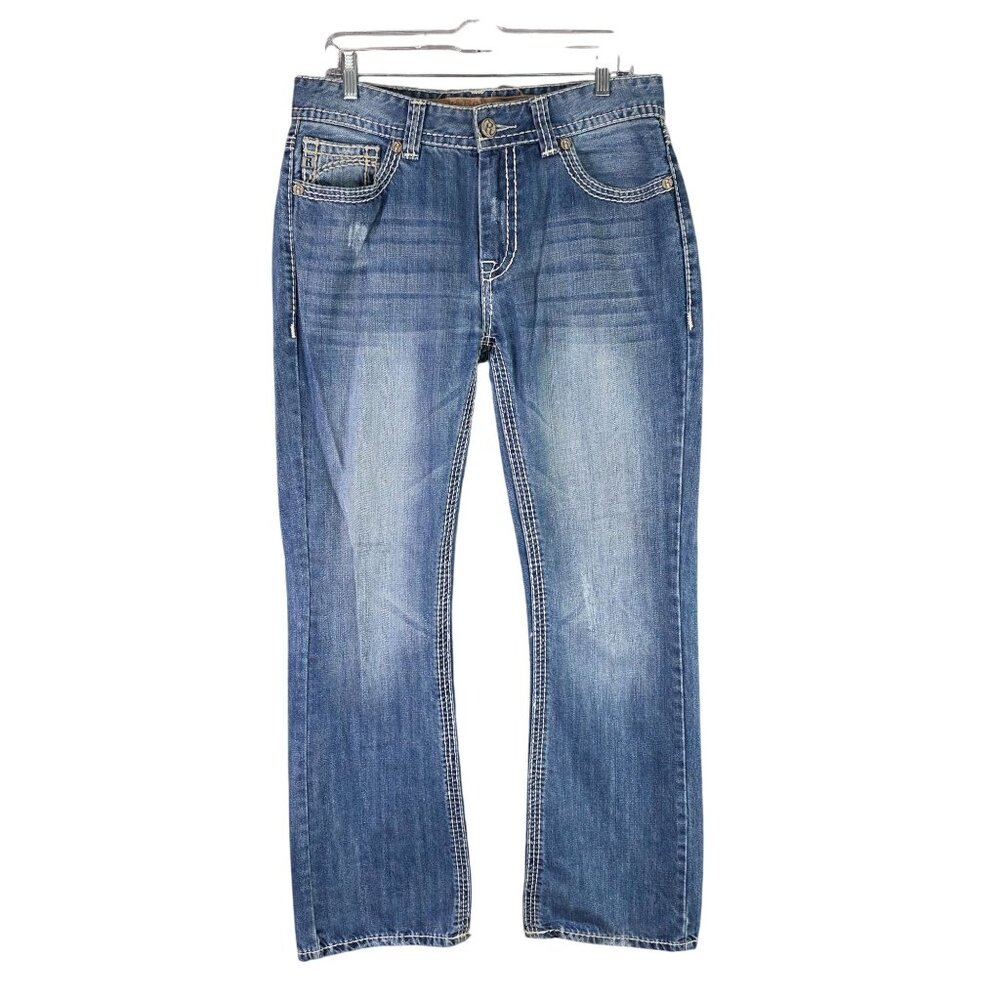 Mens Rock & Roll Cowboy Mid-Rise Bootcut Blue Denim Jeans Distressed Size 32X32